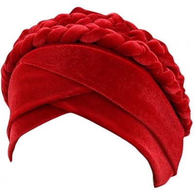 Skullies & Beanies Women Braid Velvet Muslim Stretch Turban Hat Twist Braid Cap Head Scarf Wrap Cap - Red - CU18T4AL4HE $10.16