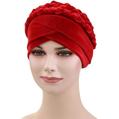 Skullies & Beanies Women Braid Velvet Muslim Stretch Turban Hat Twist Braid Cap Head Scarf Wrap Cap - Red - CU18T4AL4HE $10.16