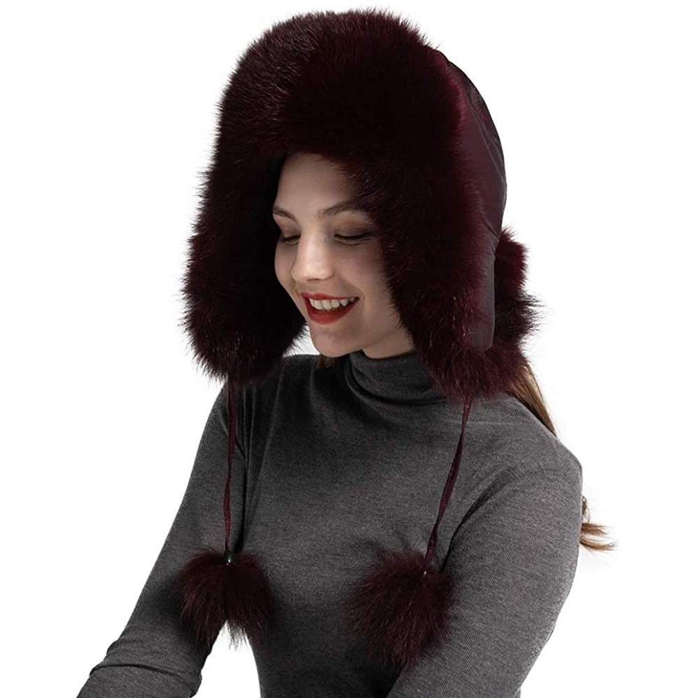 Skullies & Beanies Winter Real Fur Bomber Hat - Women's Snow Skiing Caps Ushanka Trapper Beanie Earflap Russian - Wine Red - ...