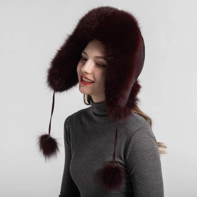 Skullies & Beanies Winter Real Fur Bomber Hat - Women's Snow Skiing Caps Ushanka Trapper Beanie Earflap Russian - Wine Red - ...