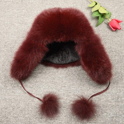 Skullies & Beanies Winter Real Fur Bomber Hat - Women's Snow Skiing Caps Ushanka Trapper Beanie Earflap Russian - Wine Red - ...