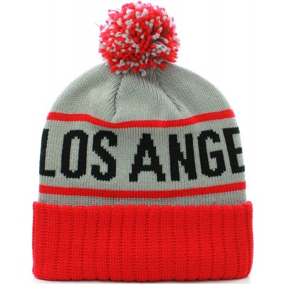 Skullies & Beanies USA Favorite City Cuff Cable Knit Winter Pom Pom Beanie Hat Cap - Los Angeles - Gray Red - CQ11Q2V5XJ1 $16.38