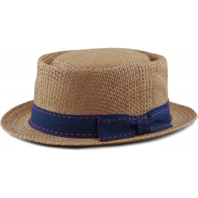 Fedoras Unisex Summer Paper Straw Short Brim Porkpie Stitched Grosgrain Band - Brown - C217XSOCT83 $16.65