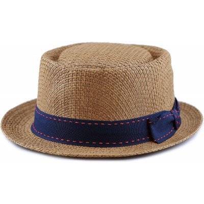 Fedoras Unisex Summer Paper Straw Short Brim Porkpie Stitched Grosgrain Band - Brown - C217XSOCT83 $16.65