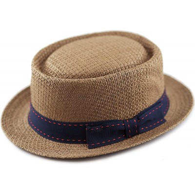 Fedoras Unisex Summer Paper Straw Short Brim Porkpie Stitched Grosgrain Band - Brown - C217XSOCT83 $16.65