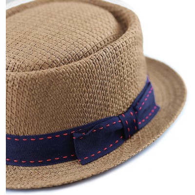 Fedoras Unisex Summer Paper Straw Short Brim Porkpie Stitched Grosgrain Band - Brown - C217XSOCT83 $16.65