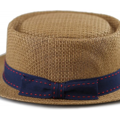 Fedoras Unisex Summer Paper Straw Short Brim Porkpie Stitched Grosgrain Band - Brown - C217XSOCT83 $16.65