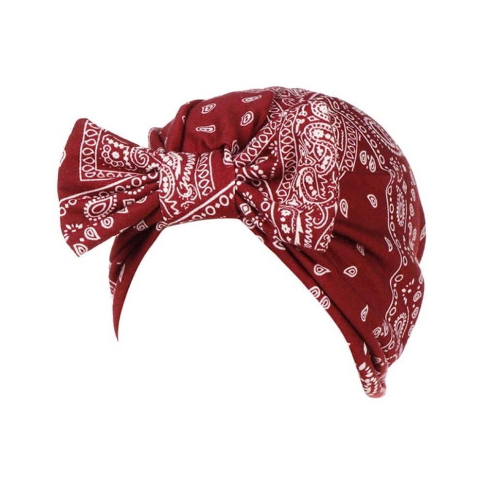 Skullies & Beanies Women Bowknot Muslim Ruffle Cancer Chemo Hat Beanie Beading Turban Head Wrap Cap (Wine -1) - Wine -1 - C91...