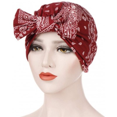 Skullies & Beanies Women Bowknot Muslim Ruffle Cancer Chemo Hat Beanie Beading Turban Head Wrap Cap (Wine -1) - Wine -1 - C91...