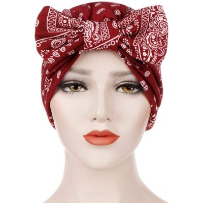 Skullies & Beanies Women Bowknot Muslim Ruffle Cancer Chemo Hat Beanie Beading Turban Head Wrap Cap (Wine -1) - Wine -1 - C91...