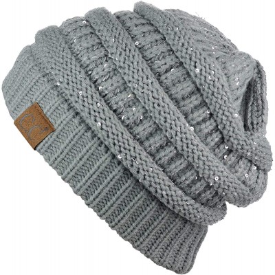 Skullies & Beanies Women's Sparkly Sequins Warm Soft Stretch Cable Knit Beanie Hat - Natural Grey - CV18IQG37U6 $14.53