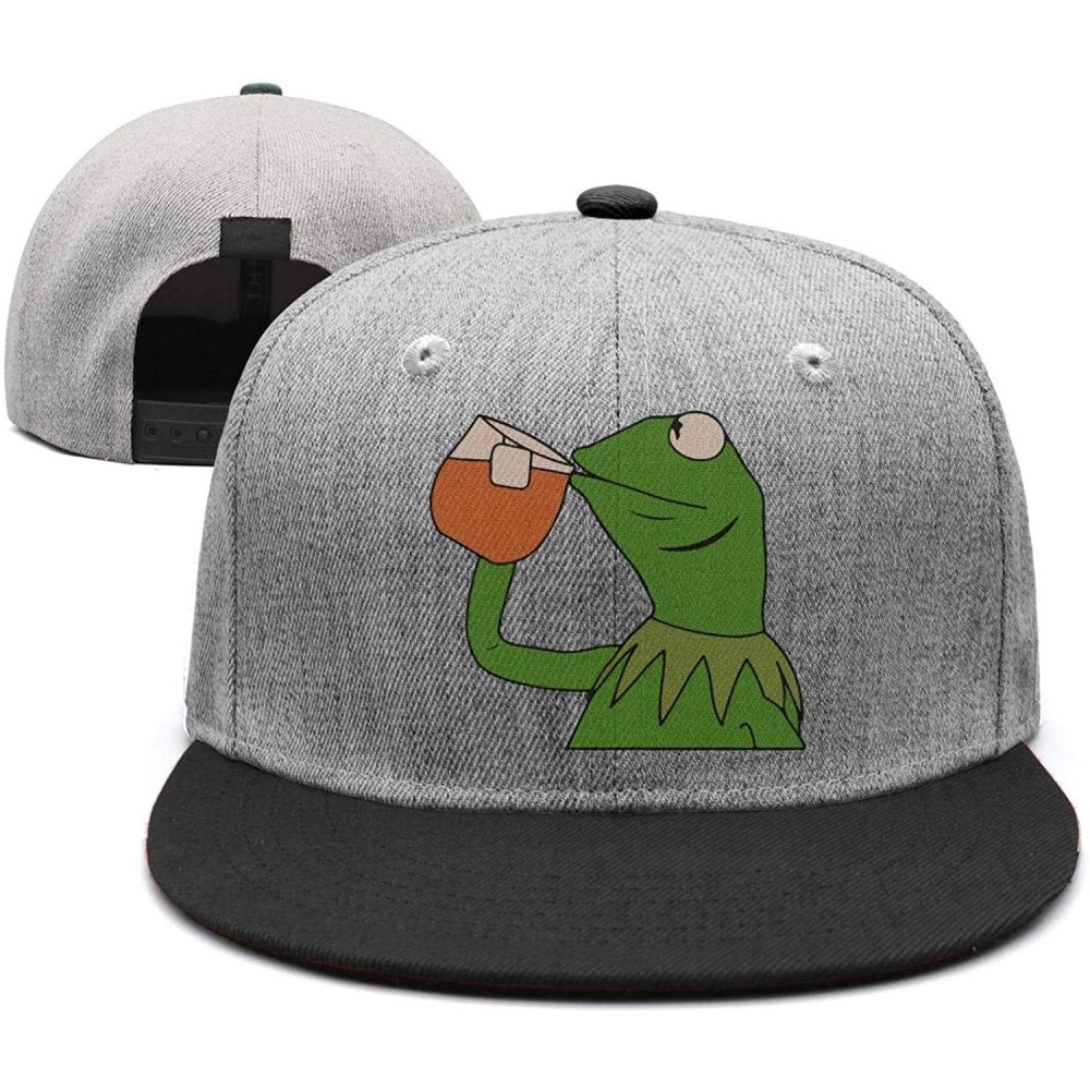 Skullies & Beanies Tea Lizard None of My Business Strapback Hat Sipping Tea Meme Adjustable Cap - Funny-green-frog-sipping-te...