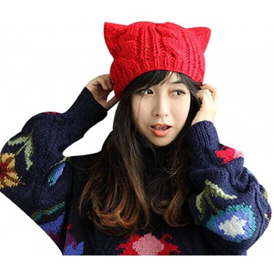 Skullies & Beanies Women's Winter Woolen Crochet Knitted Hat Lovely Cat Ear Cap Beanie Hat - Red - C9188YA5EXU $9.64