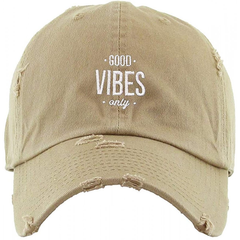 Baseball Caps Good Vibes Only Vintage Baseball Cap Embroidered Cotton Adjustable Distressed Dad Hat - Khaki - CM18AIN5T9I $18.71