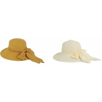 Sun Hats Straw Wide Brim Floppy Hat with Fancy Ribbon 965SH - 2 Pcs Brown & Offwhite - CI11YXEDGSJ $23.72