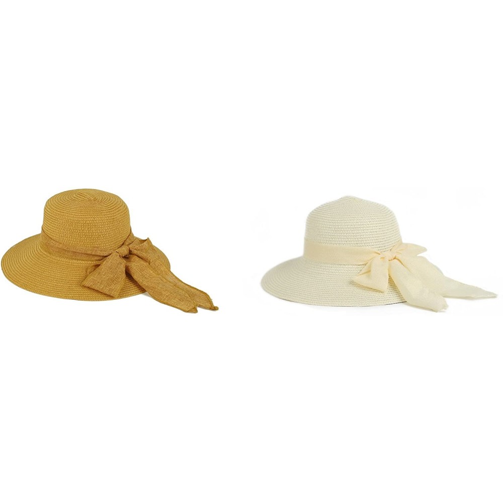 Sun Hats Straw Wide Brim Floppy Hat with Fancy Ribbon 965SH - 2 Pcs Brown & Offwhite - CI11YXEDGSJ $23.72