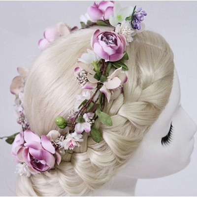 Headbands Adjustable Flower Headband Floral Garland Crown Halo Headpiece Boho with Ribbon Wedding Festival Party - H - CR18H8...