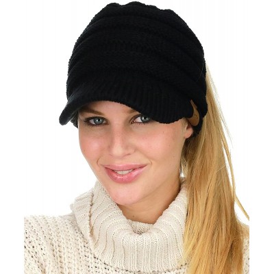 Skullies & Beanies BeanieTail Warm Knit Messy High Bun Ponytail Visor Beanie Cap - Black - CR1880GW623 $21.06