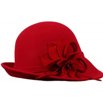 Fedoras Women's Floral Trimmed Wool Blend Cloche Winter Hat - Model B - Red - C9188TM4ZN7 $23.32