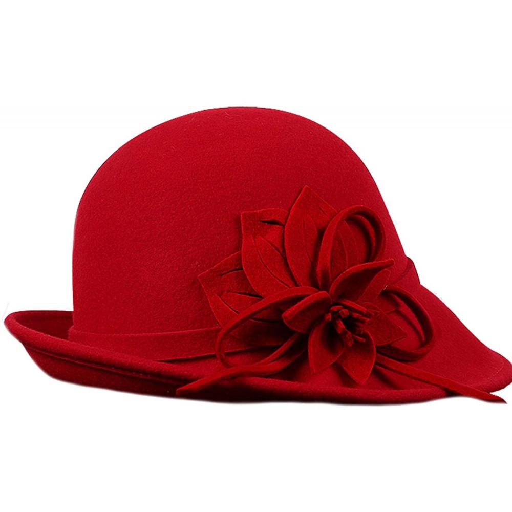 Fedoras Women's Floral Trimmed Wool Blend Cloche Winter Hat - Model B - Red - C9188TM4ZN7 $23.32