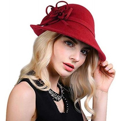 Fedoras Women's Floral Trimmed Wool Blend Cloche Winter Hat - Model B - Red - C9188TM4ZN7 $23.32