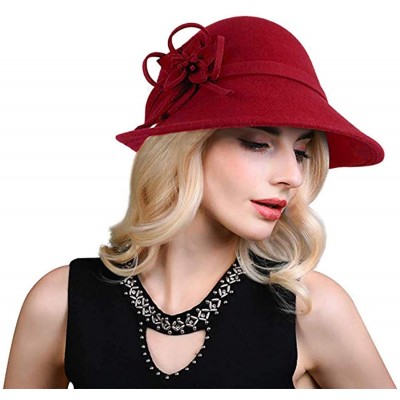 Fedoras Women's Floral Trimmed Wool Blend Cloche Winter Hat - Model B - Red - C9188TM4ZN7 $23.32