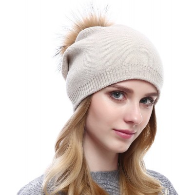 Skullies & Beanies Women Knit Wool Beanie - Winter Solid Cashmere Ski Hats Real Raccoon Fur Pom Pom - 01- Beige - CC185TERWDE...