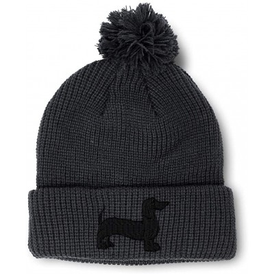 Skullies & Beanies Custom Pom Pom Beanie Dachshund Dog Black Silhouette Embroidery Acrylic - Black - CA18A3INUOG $10.70