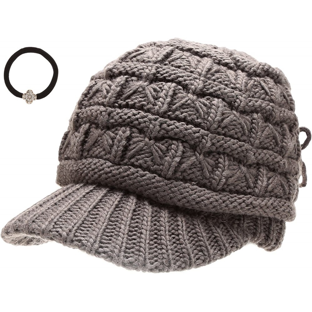 Skullies & Beanies Women's Cable Knitted Double Layer Visor Beanie Hats with Hair Tie - Wedge/Charcoal - CI188632M2D $18.06