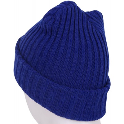 Skullies & Beanies Howel's Stitched Logo Fold-Over Ribbed Stretch Knit Skully Beanie Hat - Cobalt Blue - C5125HJAGDP $13.55