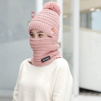 Skullies & Beanies Adult Women Men Winter Earmuffs Knit Slouchy Beanie Hat Scarf Hairball Warm Cap Ski Caps - Pink - CH18AWT5...