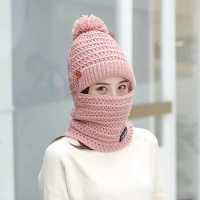 Skullies & Beanies Adult Women Men Winter Earmuffs Knit Slouchy Beanie Hat Scarf Hairball Warm Cap Ski Caps - Pink - CH18AWT5...