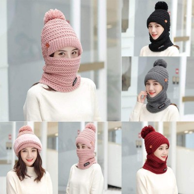 Skullies & Beanies Adult Women Men Winter Earmuffs Knit Slouchy Beanie Hat Scarf Hairball Warm Cap Ski Caps - Pink - CH18AWT5...