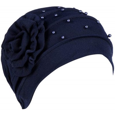 Skullies & Beanies Muslim Turbans for Women- Pearl Beading India Hat Muslim Ruffle Cancer Chemo Beanie Turban Wrap Cap - Navy...