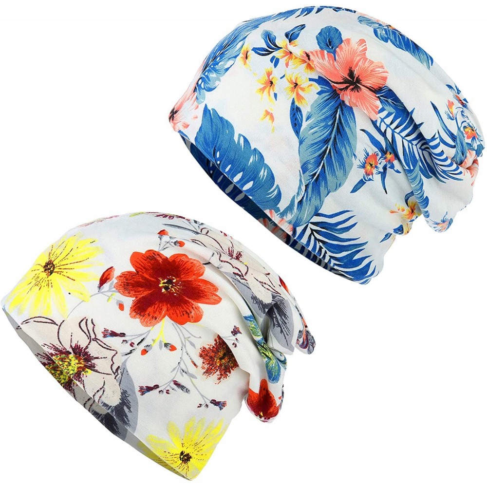 Skullies & Beanies Flower Printed Beanie Women Turban Headband Chemo Cap - 2 Pack Set 2 - CI18SXIIK98 $13.93