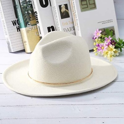 Fedoras 100% Wool White Felt Fedoras Hat for Women Golden Ring Jazz Cap Lady Wide Brim Autumn Winter Hat - White - CG18W94KKE...
