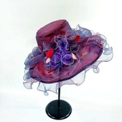 Sun Hats Women Organza Kentucky Derby Hat Tea Party Hat Women Church Hats Women Ruffles Wedding Hat - Type 2 - Burgundy - CY1...