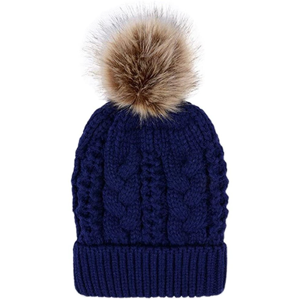 Skullies & Beanies Women's Faux Fur Pom Pom Fleece Lined Knitted Slouchy Beanie Hat Cap - Navy Blue - CW1299E62AZ $28.03