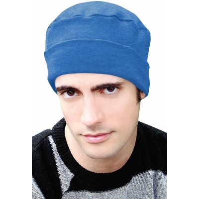 Skullies & Beanies Cancer Patient Hats for Men - Cotton Cuff Cap - Peacock Blue - CI125J5KCZ5 $23.41