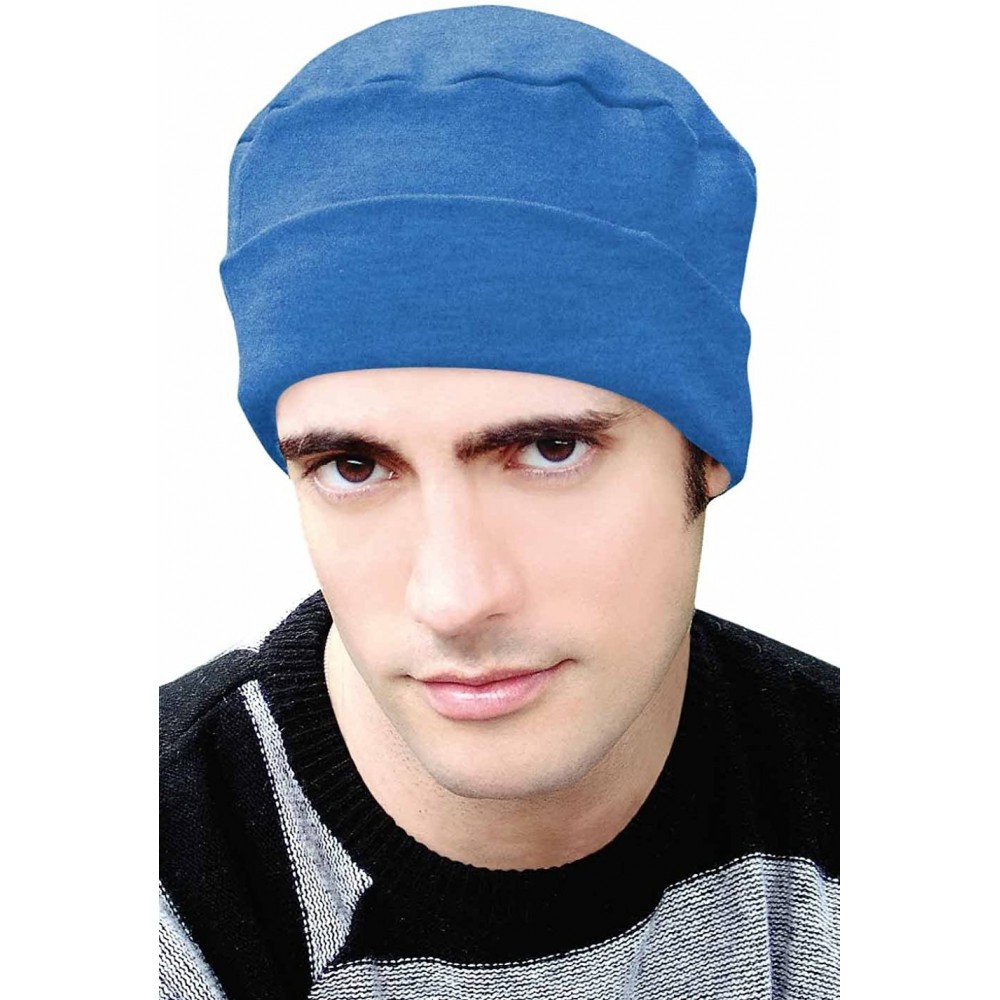 Skullies & Beanies Cancer Patient Hats for Men - Cotton Cuff Cap - Peacock Blue - CI125J5KCZ5 $23.41