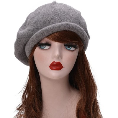 Berets Girls French Wool Artist Beret Cap Winter Painter Hat Plain Color A464 - Light Gray - C61880232OL $10.39