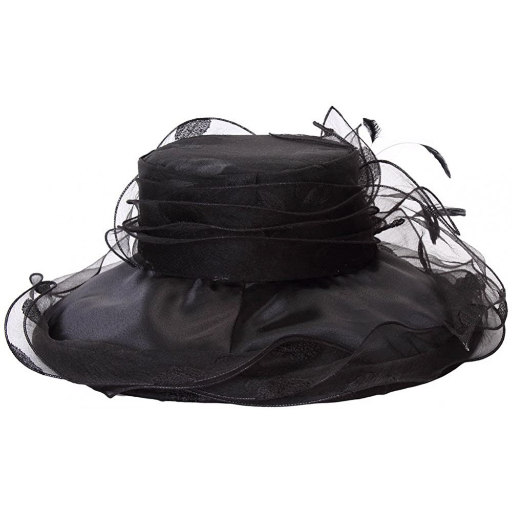 Sun Hats Women Race Hats Organza Hat with Ruffles Feathers - Black Polka Dot - CQ12EWLUUIB $26.81