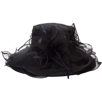 Sun Hats Women Race Hats Organza Hat with Ruffles Feathers - Black Polka Dot - CQ12EWLUUIB $26.81