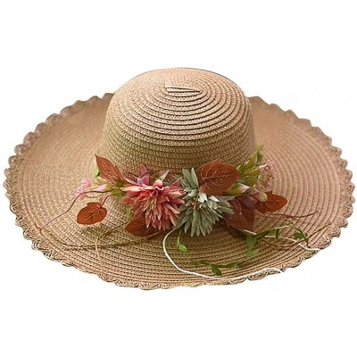 Sun Hats Women Sun Hat-Fineser Womens Floral Applique Straw Beach Hat Handmade Holiday Travel Cap Wide Brim Sun Straw Hat - C...