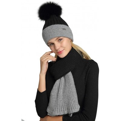 Skullies & Beanies Women's Girls Slouchy Beanie Hat with Fur Pompom Warm Winter Hat - Womens Black Gray Set-black Fur - C418K...