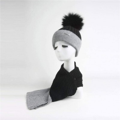 Skullies & Beanies Women's Girls Slouchy Beanie Hat with Fur Pompom Warm Winter Hat - Womens Black Gray Set-black Fur - C418K...