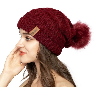 Skullies & Beanies Women Knit Beanie hat with Faux Fur Pom Pom Hats Thick Soft Warm Slouchy Chunky Baggy Ski Cap for Lady - C...