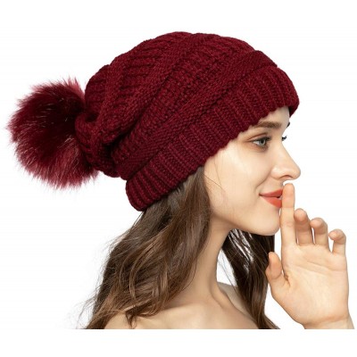 Skullies & Beanies Women Knit Beanie hat with Faux Fur Pom Pom Hats Thick Soft Warm Slouchy Chunky Baggy Ski Cap for Lady - C...