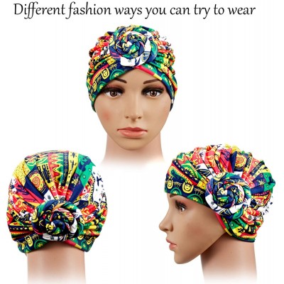 Skullies & Beanies 4 Pieces African Pattern Headwrap Pre-Tied Bonnet Turban Knot Beanie Cap Headwrap Hat - Yellow Pink Flower...