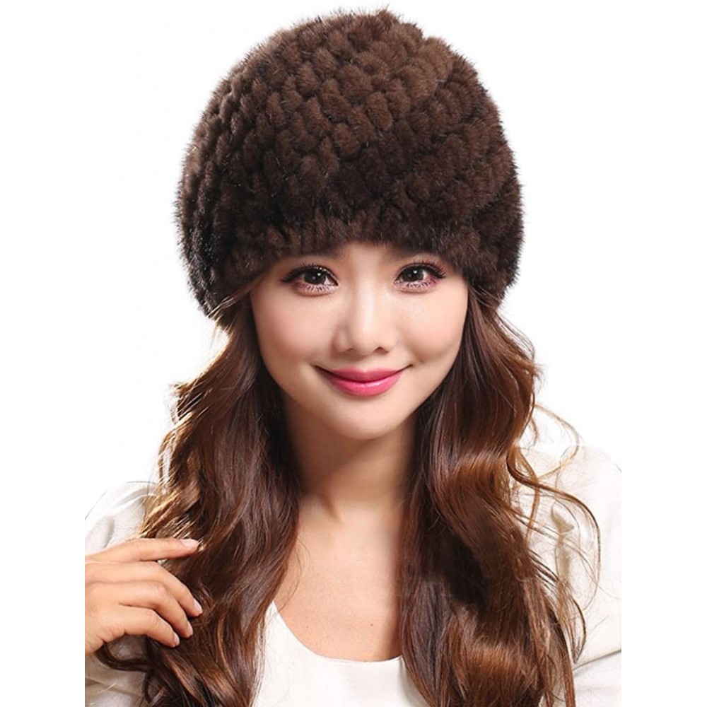 Skullies & Beanies Womens Genuine Mink Fur Knitted Hat Winter Beanie Warm Cap - Brown - CW12N6MKKGP $30.82